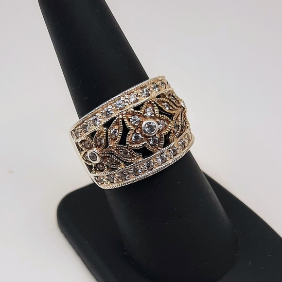 Sterling Silver 925 Ring GSJ DQCZ Marked Open Filigree Diamonique Wide Vintage - Picture 3 of 9